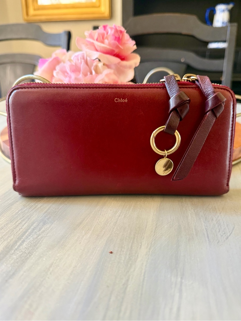 Chloé Baylee Leather Zip-Around Continental Wallet Clutch Burgundy / Grenat - Picture 2 of 15